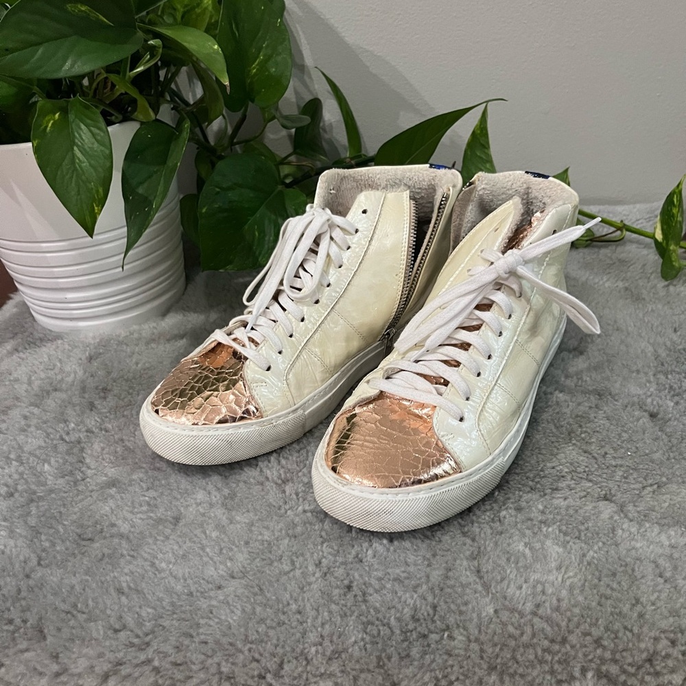 P448 cream and gold patent leather high tops